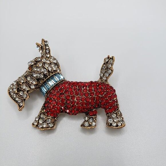Adorable Red Rhinestone Scottish Terrier Scotty Dog Brooch 2" Retro Style - Picture 1 of 5